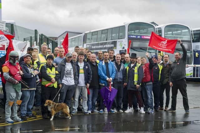 Bus drivers picketing at First's Hunslet Park depot, Donisthorpe Street, Leeds. Picture: James Hardisty
