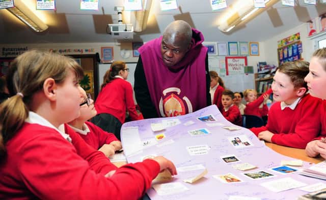 The Archbishop of York Dr John Sentamu takes part in his pilgrimmage across the county. Pictured visiting Tickton C of E Primary School. 2nd March 2016. Picture : Jonathan Gawthorpe