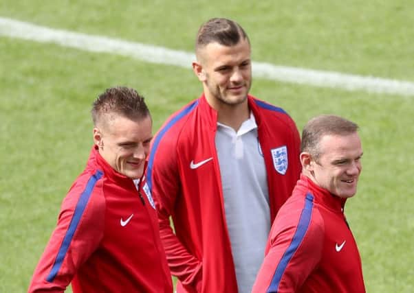 England's  Jamie Vardy, Jack Wilshere, and Wayne Rooney during the walk around at the Stade Felix Bollaert-Delelis, Lens