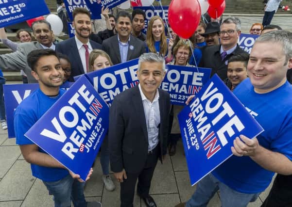 London mayor Sadiq Khan with Stronger In campaigners in Leeds today