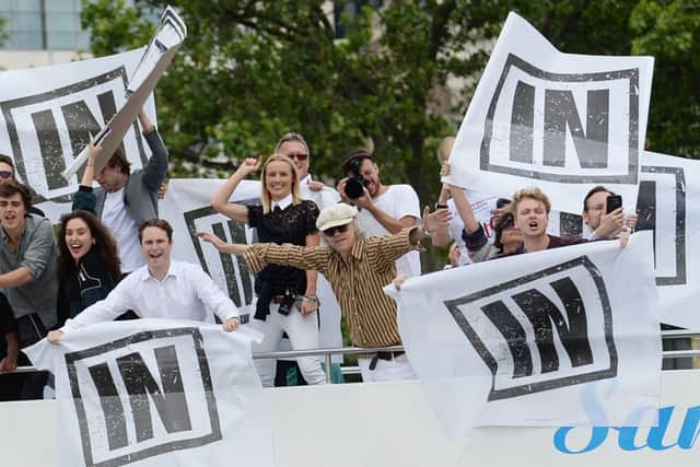 Bob Geldof on board a boat taking part in a pro-EU counter demonstration, as a Fishing for Leave pro-Brexit "flotilla" makes its way along the River Thames in London. PRESS ASSOCIATION Photo. Picture date: Wednesday June 15, 2016. See PA story POLITICS EU. Photo credit should read: Stefan Rousseau/PA Wire
