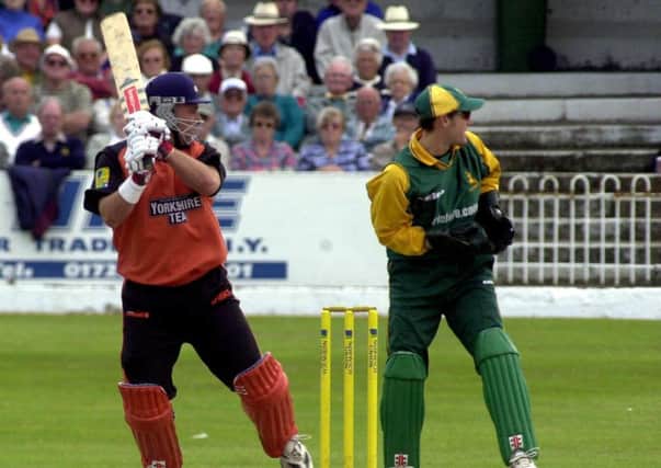 Darren Lehmann watches another shot safely to the boundary as he races to a record score against Notts at Scarborough in 2001. (Picture: Tony Bartholemew)