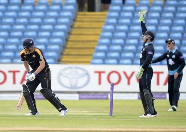 TIME TO WALK: Alex Lees, pictured being dismissed for Yorkshire against Worcestershire in the Royal London Cup, left himself out of last nights T20 line-up. Picture: Bruce Rollinson