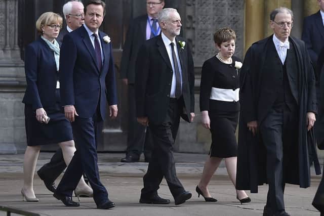 Prime Minister David Cameron and Labour leader Jeremy Corbyn process from the Houses of Parliament to St Margaret's Church, London, for a service of prayer and remembrance to commemorate Jo Cox MP. PRESS ASSOCIATION Photo. Picture date: Monday June 20, 2016. See PA story POLITICS MP Service. Photo credit should read: Hannah McKay/PA Wire
