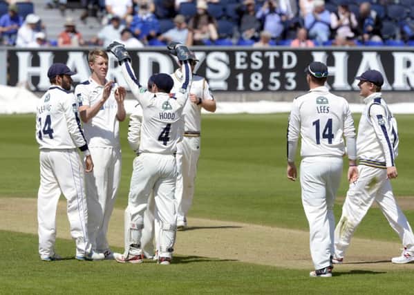 Yorkshires Steve Patterson is congratulated after claiming the wicket of Durhams Michael Richardson (Picture: Bruce Rollinson).