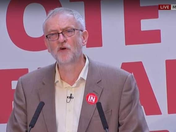 Jeremy Corbyn said the EU protects workers rights in a speech for the Remain campaign in Manchester. Recorded live by Sky News.