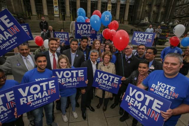 London's first Muslim mayor Sadiq Khan visits Leeds Town Hall to deliver a speech to waiting Remain supporters after travelling on the campaigns battle bus ahead of the fast approaching EU referendum.