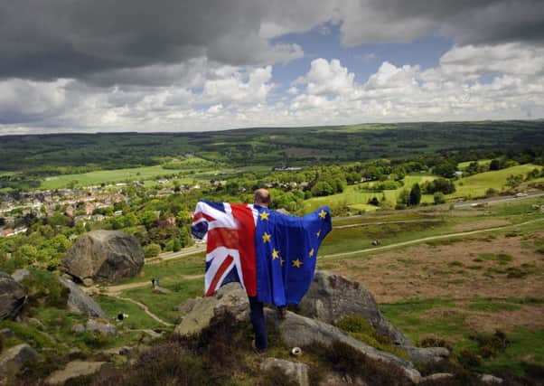 EU and British flags pictured at Ilkley Moor..23rd May 2016 ..Picture by Simon Hulme