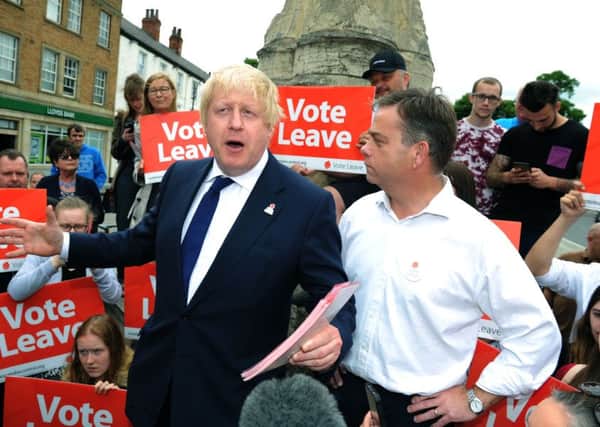 Boris Johnson on the Vote Leave campaign in Selby with local MP Nigel Adams.  Picture : Jonathan Gawthorpe