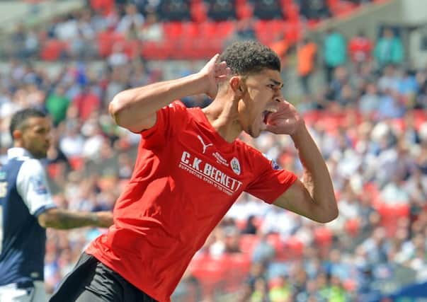 Leeds United target Ashley Fletcher celebrates after scoring for Barnsley in the League One play-off final (Picture: Tony Johnson).