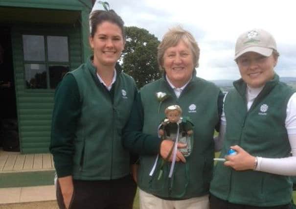 Yorkshire captain Dawn Clegg, flanked by Alison Knowles and Holly Morgan, the first foursomes pairing out against Durham as Northern Counties Match Week got underway at Penrith.