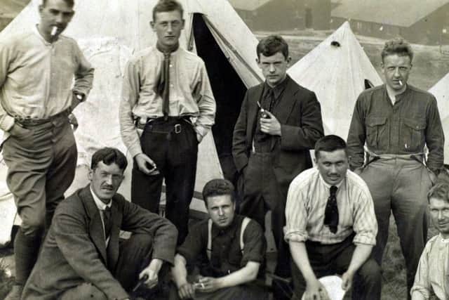 Members of the Leeds Pals at training camp in Colsterdale in 1914.
