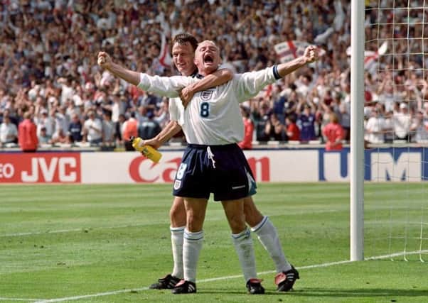 Paul Gascoigne and Teddy Sheringham celebrate in Euro 96.