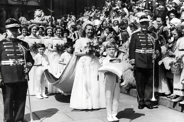 Collect pic....Joan Anne Thompson the Leeds Children's Day Queen in 1949 leaving the Town Hall on a parade.