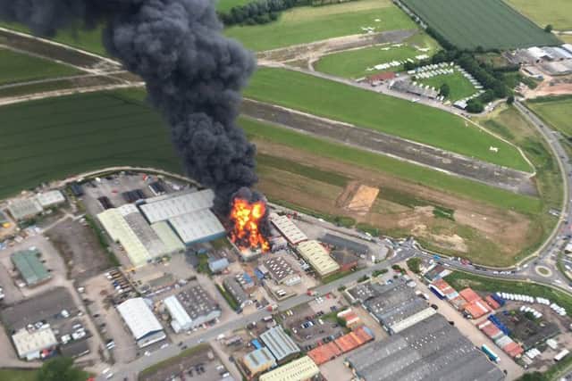 An aerial shot of the Pocklington Airfield Industrial Estate fire taken by Jim from The Gyrocopter Experience.