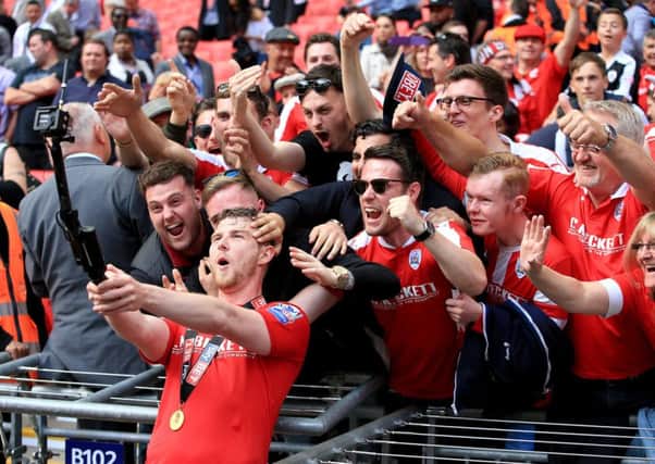 Barnsley's Sam Winnall celebrates at Wembley.