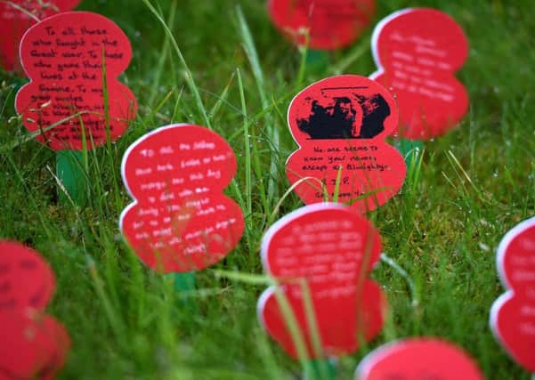 Memorial poppies placed in front of the Thiepval Museum in commemoration of the Centenary of the Battle of the Somme at the Commonwealth War Graves Commission Thiepval Memorial in Thiepval, France, where 70,000 British and Commonwealth soldiers with no known grave are commemorated.