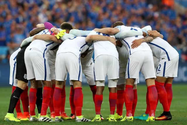 England players in a huddle before the Round of 16 match at Stade de Nice, Nice, France.