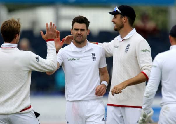 England's James Anderson celebrates with team-mates during day four of the Investec Second Test Match at the Emirates Riverside, Chester-Le-Street.
