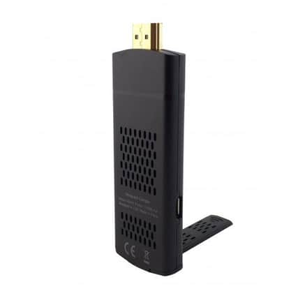 The Measy streaming stick plugs into the back of your TV. The plastic flap is the wi-fi aerial.