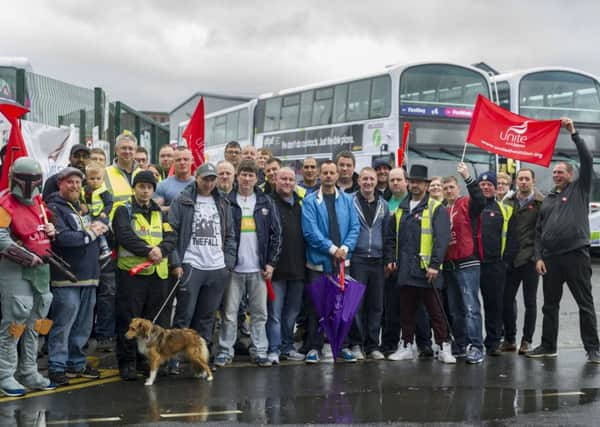 Bus drivers on the picket line at Hunslet Park during one of last month's strikes.