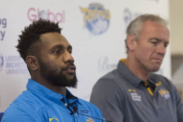 HAPPY DAYS: New Leeds Rhinos' signing, James Segeyaro, chatting during the press conference, alongside head coach Brian McDermott. Picture: James Hardisty.