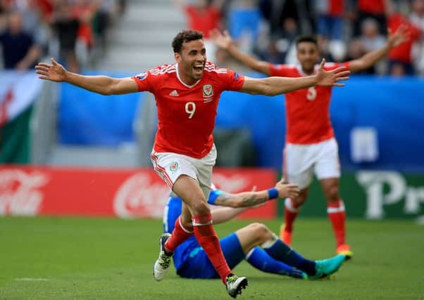 Wales' Hal Robson-Kanu celebrates scoring.