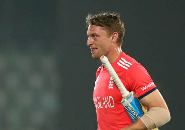 Jos Buttler scored 73 not out as an opening batsman, his highest T20 score for England (Picture: Manish Swarup/AP).