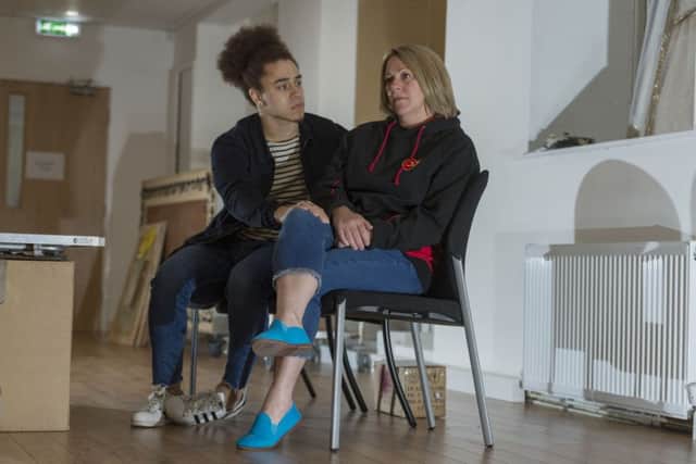 In rehearsals for My Mum The Racist by Nick Ahad.. Pictured Kaya Moore, as Nathan and Nikki Hellens, as Sue.