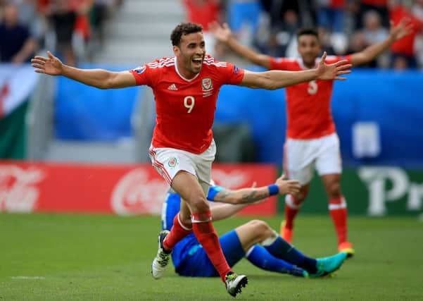 Wales' Hal Robson-Kanu celebrates scoring for Wales at Euro 2016.