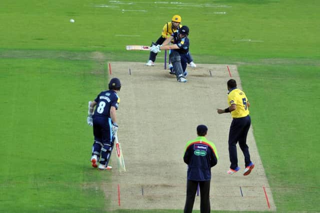 Alex Lees hits out off the bowling of Bears Jeetan Patel. Picture SWpix.com