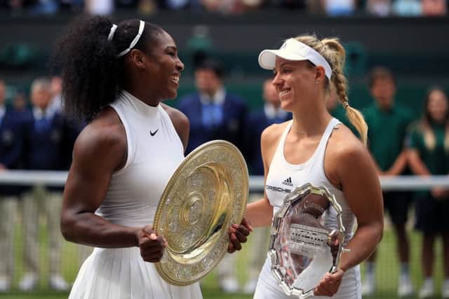 Serena Williams (left) and Angelique Kerber with their trophies after the Ladies singles final. Picture: John Walton/PA.