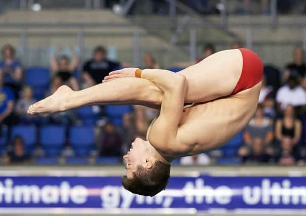 Freddie Woodward somersaults in the 3m mens dive final at the British Gas Diving Championships