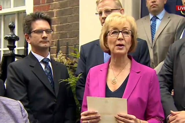 Video grab taken from Sky News of Andrea Leadsom speaking to the media in Westminster, where she confirmed that she is quitting the race to succeed David Cameron