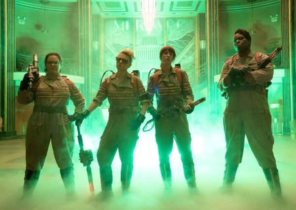 Abby (Melissa McCarthy), Erin (Kristen Wiig), Holtzmann (Kate McKinnon) and Patty (Leslie Jones) in the new Ghostbusters film.