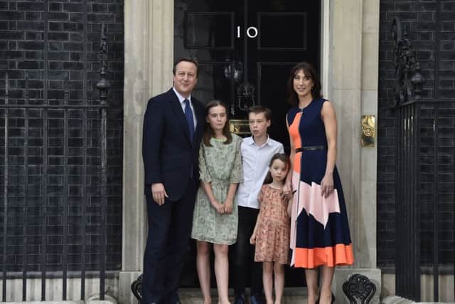 David Cameron with wife Samantha and children Nancy, 12, Elwen, 10, and Florence, 5, outside 10 Downing Street in London before leaving for Buckingham Palace for an audience with Queen Elizabeth II to formally resign as Prime Minister. Image: Hannah McKay/PA Wire