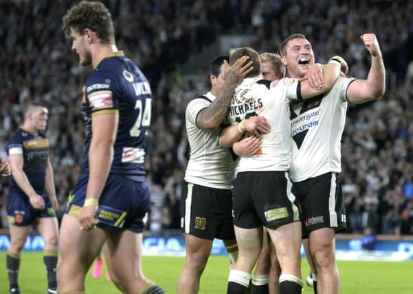 Hull FC celebrate  Steve Michaels's second try.  Picture Bruce Rollinson
