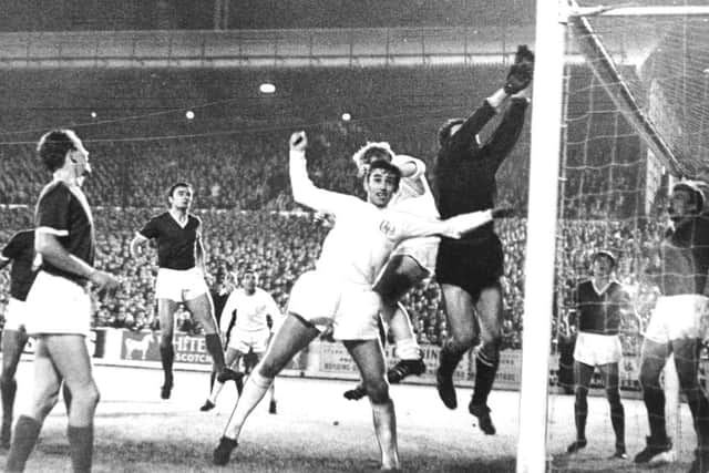 Leeds, Elland Road, 6th September 1967

Inter Cities Fairs Cup Final

Leeds United v Dynamo  Zagreb.

An all too familiar sight for Leeds United as Skoric, the Zagreb goalkeeper, punches the ball over thebar to foil Belfitt and Greenhoff.