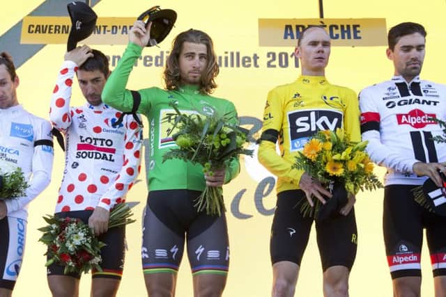 PAYING RESPECTS (l-r): Belgiums Thomas de Gendt, Peter Sagan, Chris Froome and stage winner Netherlands Tom Dumoulin  observe a minute of silence to commemorate the victims of the Nice truck attack. (AP/Peter Dejong