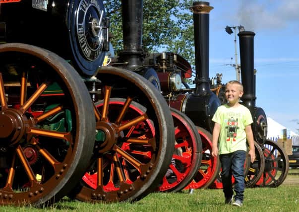 Connor Denny, six, looking at a line of Traction Engines  at the Masham Steam Rally.
