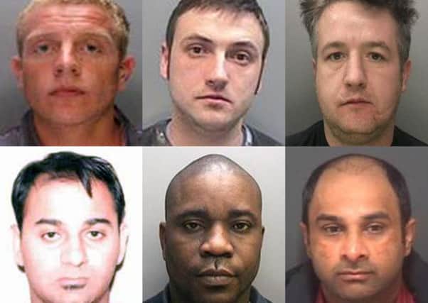 Pictures of wanted alleged con-artists have been released. Top, from left: Levi Coyle, Marius Anton, Felix Rooney. Bottom: Faisal Butt, Bayo Anoworin and Naeem Ahmed.