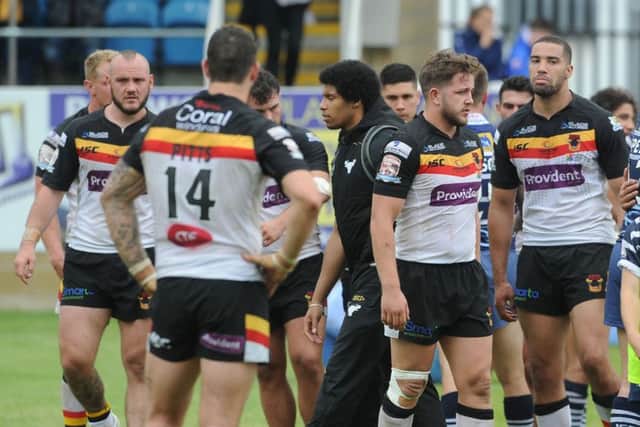 Dejected Bradford Bulls player after losing to Featherstone Rover 0-20-0. Picture: James Hardisty.
