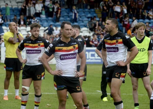 The looks on the faces of beaten Bradford Bulls players at Featherstone on Sunday tell their own story (Picture: James Hardisty).
