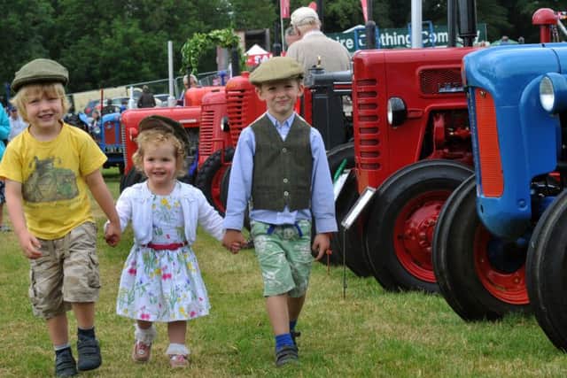 L-R: Leo Ross, four, and sister Savannah Ross, two, with cousin Emmerson Foulger  walking past a line of vintage tractors at the show.