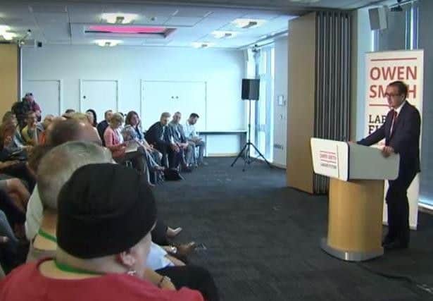 Owen Smith addresses journalists and Labour Party members in Rotherham. Image by Sky News.