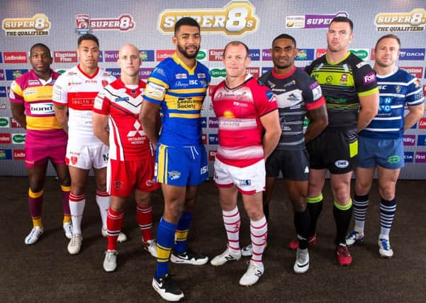 GEARING UP FOR THE QUALIFERS: (left-right): Huddersfield's Jermaine McGillvary, Hull KR's Ken Sio, Salford's Michael Dobson, Leeds' Kallum Watkins, Leigh's Micky Higham, London's Wes Naiqama, Batley's Keegan Hirst and Featherstone Rovers' Tim Spears. Picture by Alex Whitehead/SWpix.com