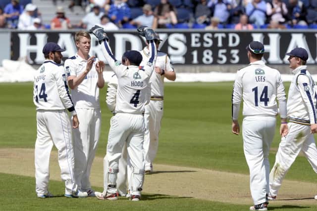 Yorkshire celebrate Steve Patterson taking Michael Richardson's wicket - one of six for the visitors' bowler - on June 20 at Chester-le-Street.  Picture: Bruce Rollinson.