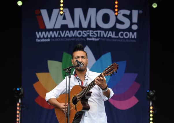 Singer Alex Alfaro from Peru performing at the festival. Picture by Simon Hulme