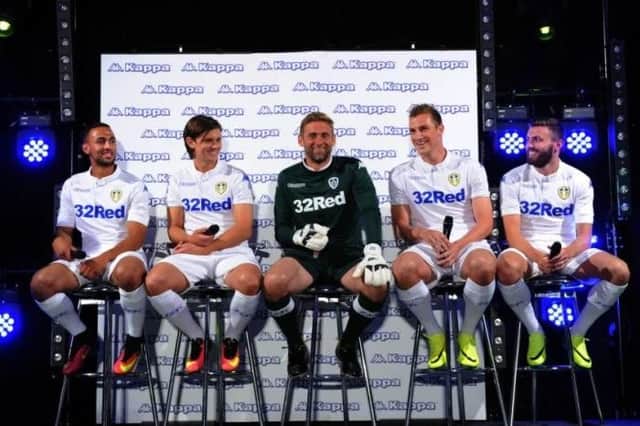Leeds United players, Kemar Roofe, Marcus Antonsson, Rob Green, Chris Wood and Stuart Dallas, launch the new 2016/17 home strip