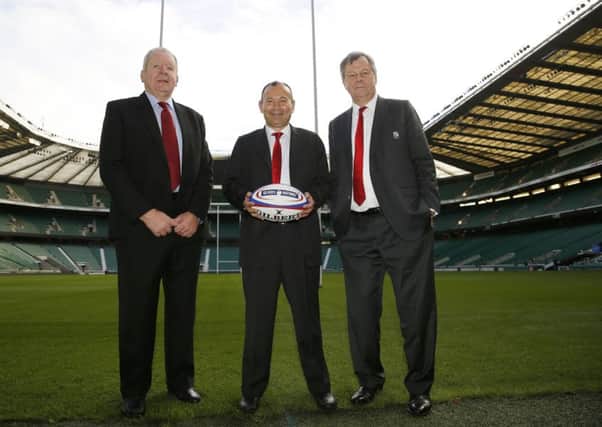 England coach Eddie Jones (centre) alongside RFU Chief Executive Ian Ritchie and RFU Chairman Bill Beaumont (left) at Twickenham.